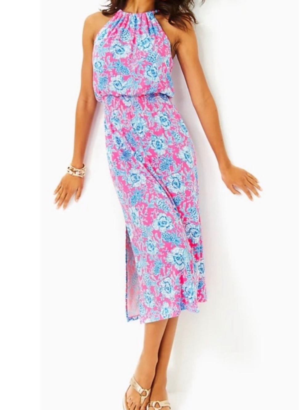 NWT Lilly Pulitzer Swizzle Stick Midi Dress Pink Floral Pineapple
Smocked Waist